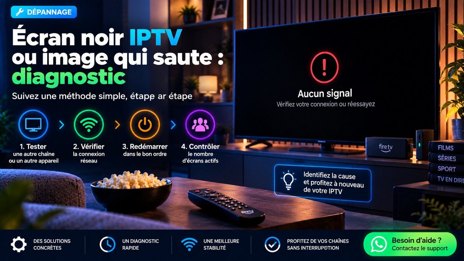 Écran noir IPTV avec diagnostic de la connexion et du lecteur