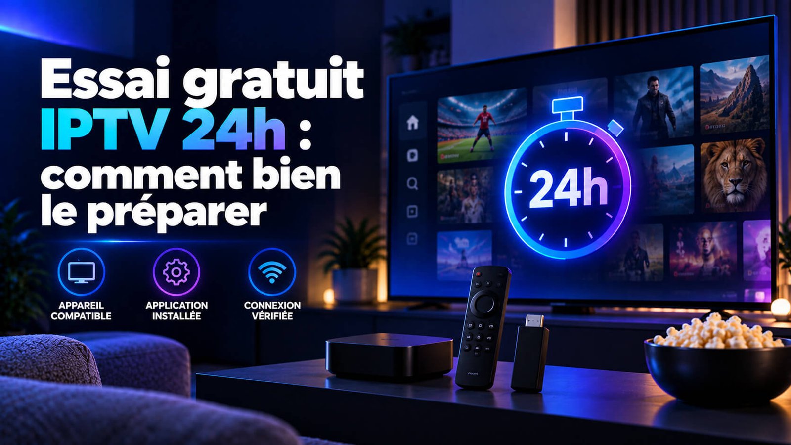Essai gratuit IPTV 24h préparé sur un téléviseur et une application