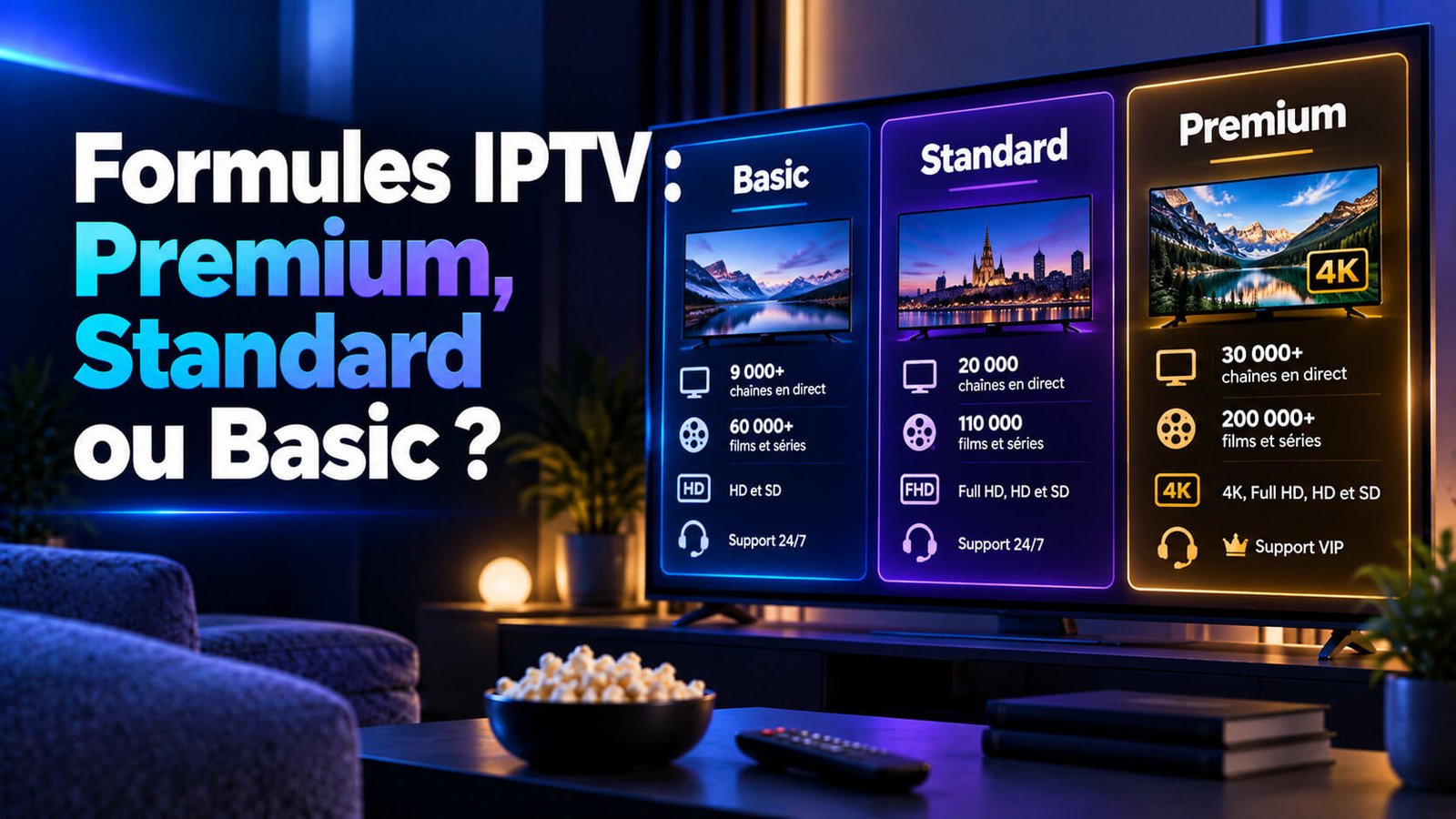 Formules IPTV Premium, Standard et Basic comparées sur un téléviseur