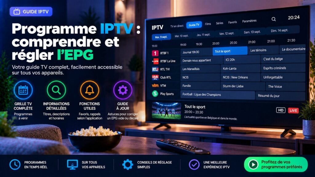 Programme IPTV présenté dans un guide EPG sur téléviseur