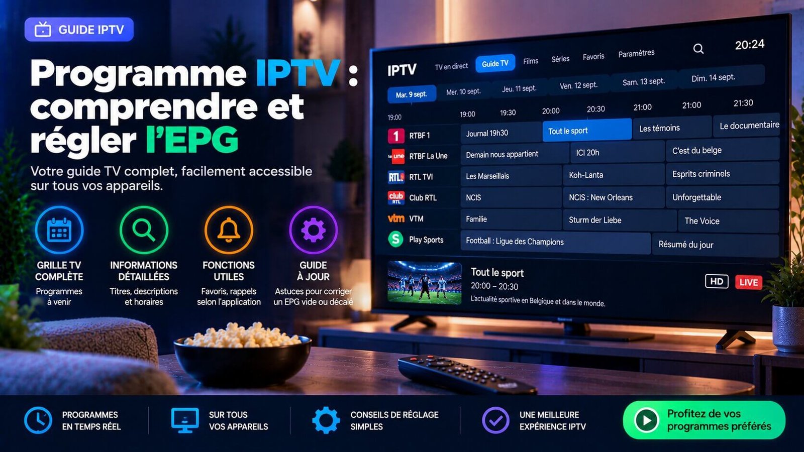 Programme IPTV présenté dans un guide EPG sur téléviseur