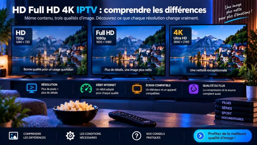 HD Full HD 4K IPTV comparés sur plusieurs écrans de télévision