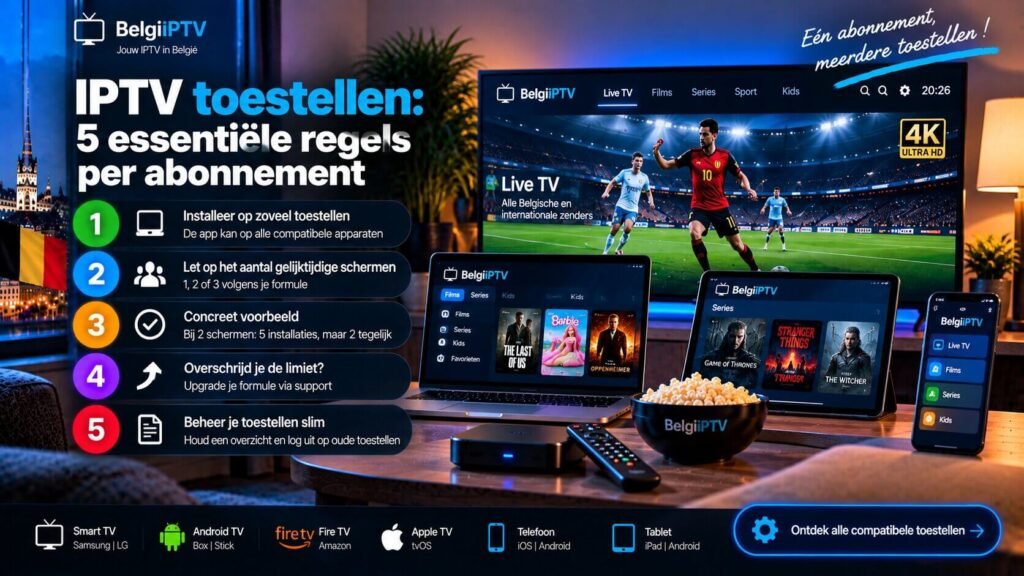 IPTV toestellen zoals televisie, telefoon en tablet naast elkaar