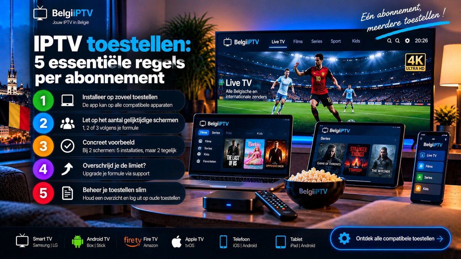 IPTV toestellen zoals televisie, telefoon en tablet naast elkaar