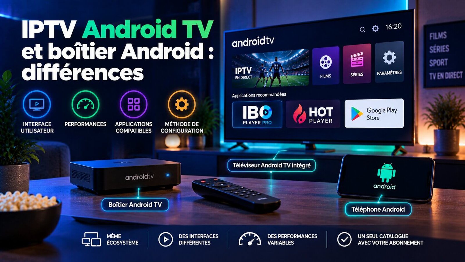 IPTV Android TV sur téléviseur, boîtier et smartphone Android