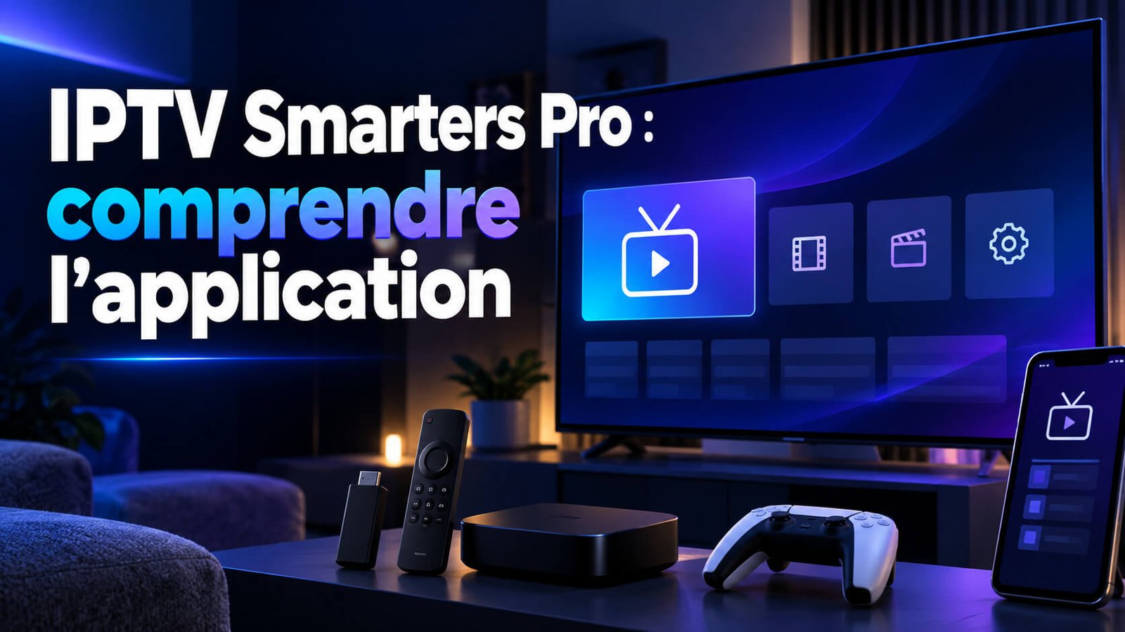 IPTV Smarters Pro affiché sur un téléviseur avec son interface de lecture