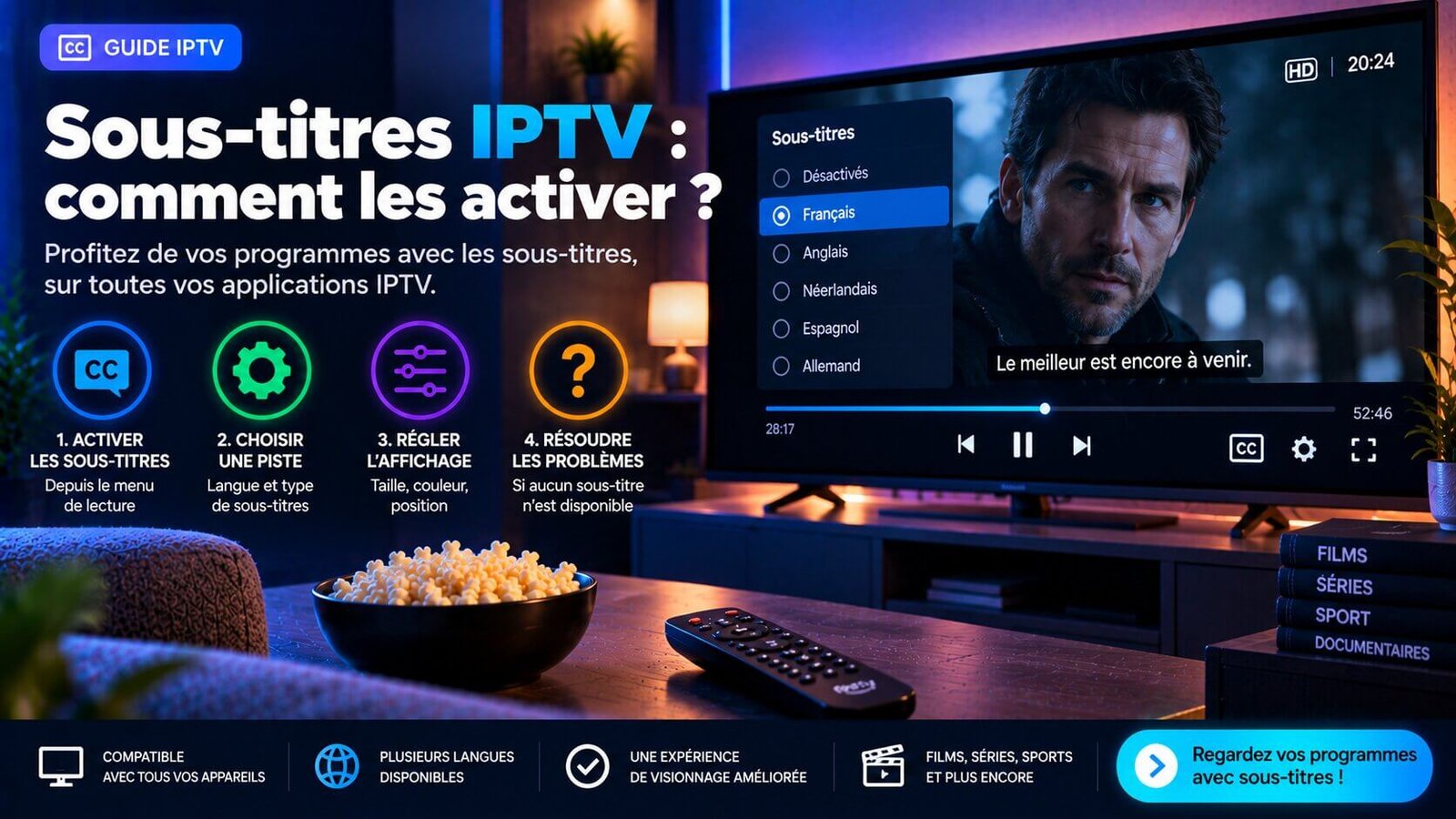 Sous-titres IPTV activés dans le menu de lecture sur téléviseur