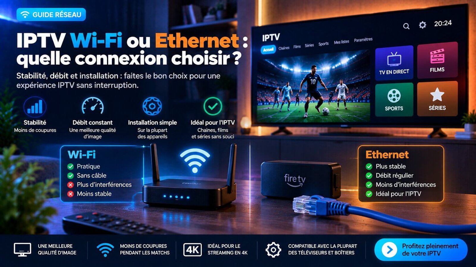 IPTV Wi-Fi ou Ethernet comparés pour une connexion stable