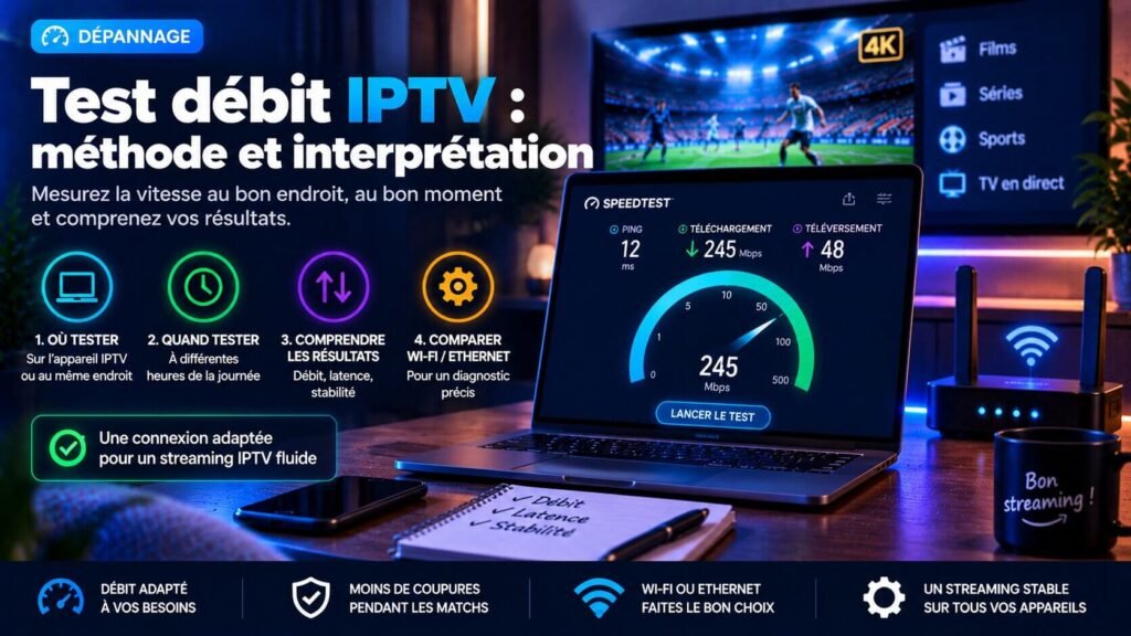 Test débit IPTV affichant vitesse, latence et stabilité de connexion