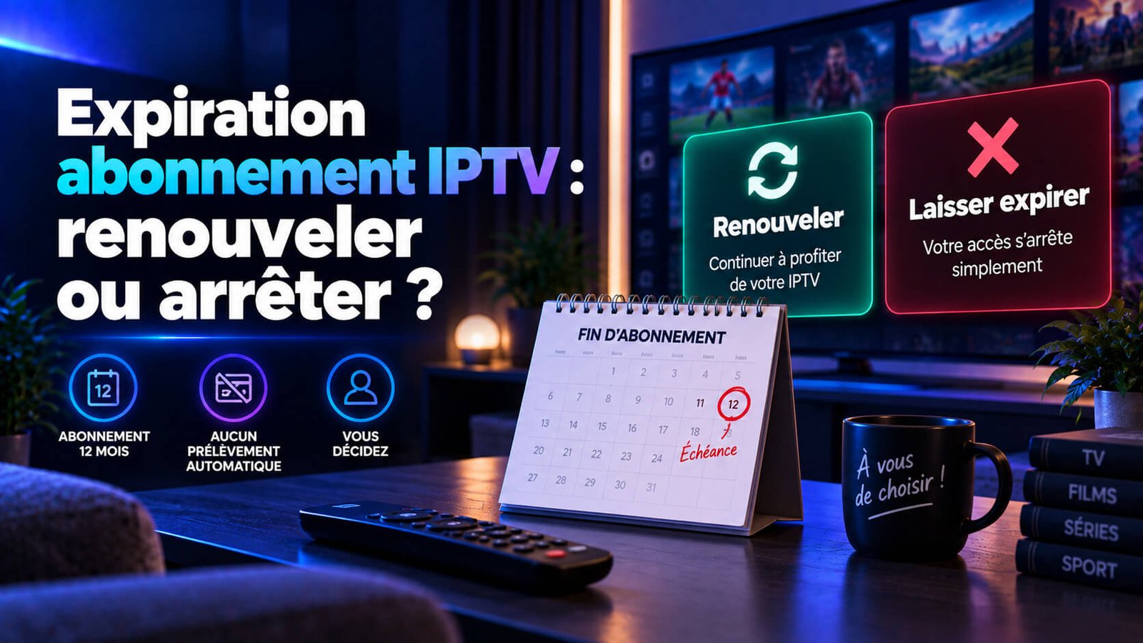 Expiration abonnement IPTV avec choix entre renouvellement et arrêt