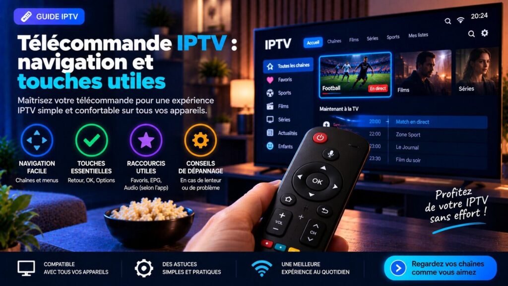 Télécommande IPTV utilisée pour naviguer dans une application sur TV